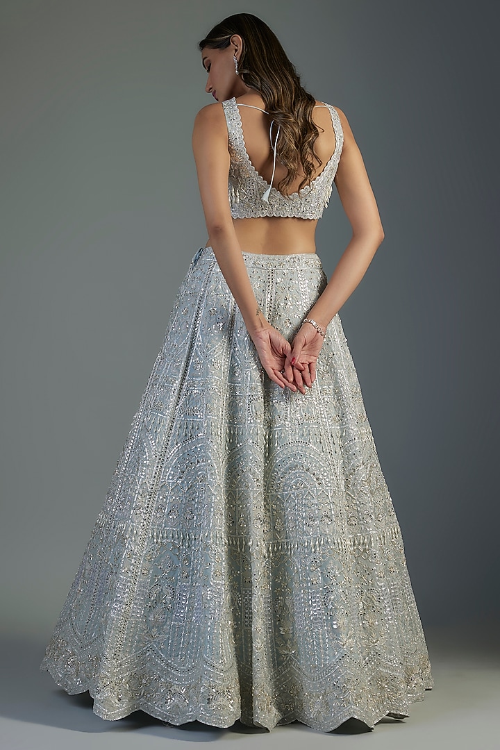 Sky Blue Organza Embroidered Bridal Lehenga Set by Aneesh Agarwaal at Pernia's Pop Up Shop
