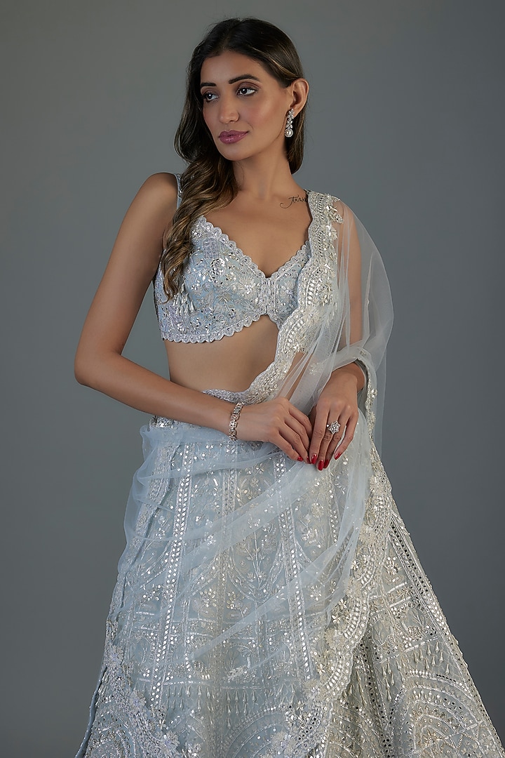 Sky Blue Organza Embroidered Bridal Lehenga Set by Aneesh Agarwaal at Pernia's Pop Up Shop