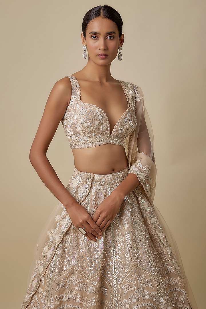Beige-Cream Organza Bridal Lehenga Set by Aneesh Agarwaal at Pernia's Pop Up Shop