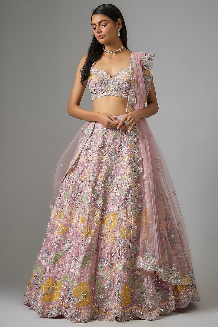 Old Rose Silk Embroidered Bridal Lehenga Set by Aneesh Agarwaal at Pernia's Pop Up Shop