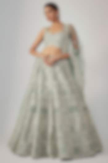 Grey-Green & Silver Organza Bridal Lehenga Set by Aneesh Agarwaal at Pernia's Pop Up Shop