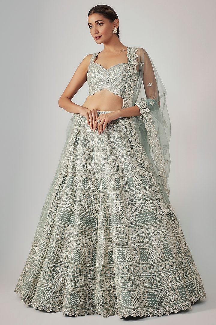 Grey-Green & Silver Organza Bridal Lehenga Set by Aneesh Agarwaal at Pernia's Pop Up Shop