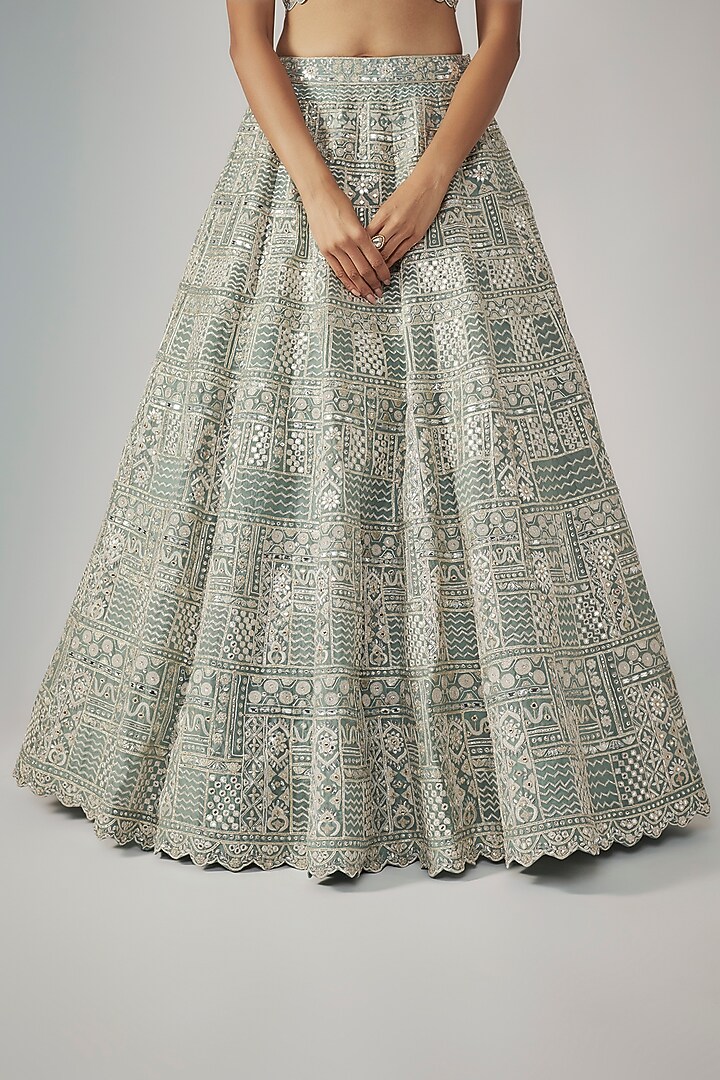 Grey-Green & Silver Organza Bridal Lehenga Set by Aneesh Agarwaal at Pernia's Pop Up Shop