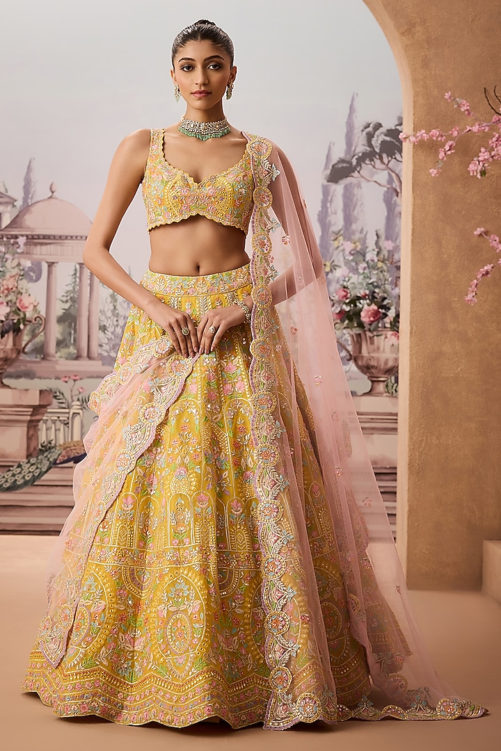 Yellow Silk Organza Resham Embellished Bridal Lehenga Set by Aneesh Agarwaal at Pernia's Pop Up Shop