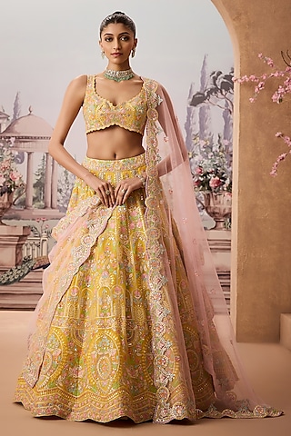 Yellow Silk Organza Resham Embellished Lehenga Set by Aneesh Agarwaal