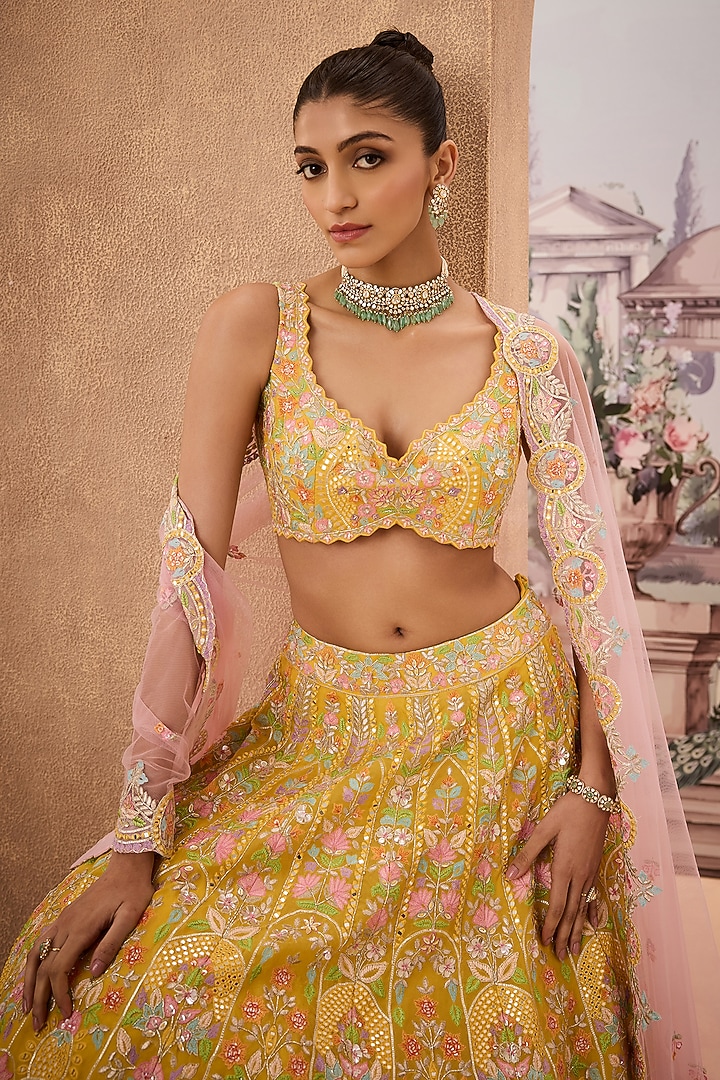 Yellow Silk Organza Resham Embellished Bridal Lehenga Set by Aneesh Agarwaal at Pernia's Pop Up Shop