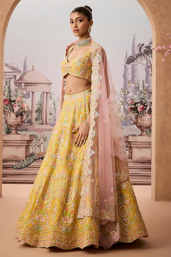 Yellow Silk Organza Resham Embellished Bridal Lehenga Set by Aneesh Agarwaal at Pernia's Pop Up Shop