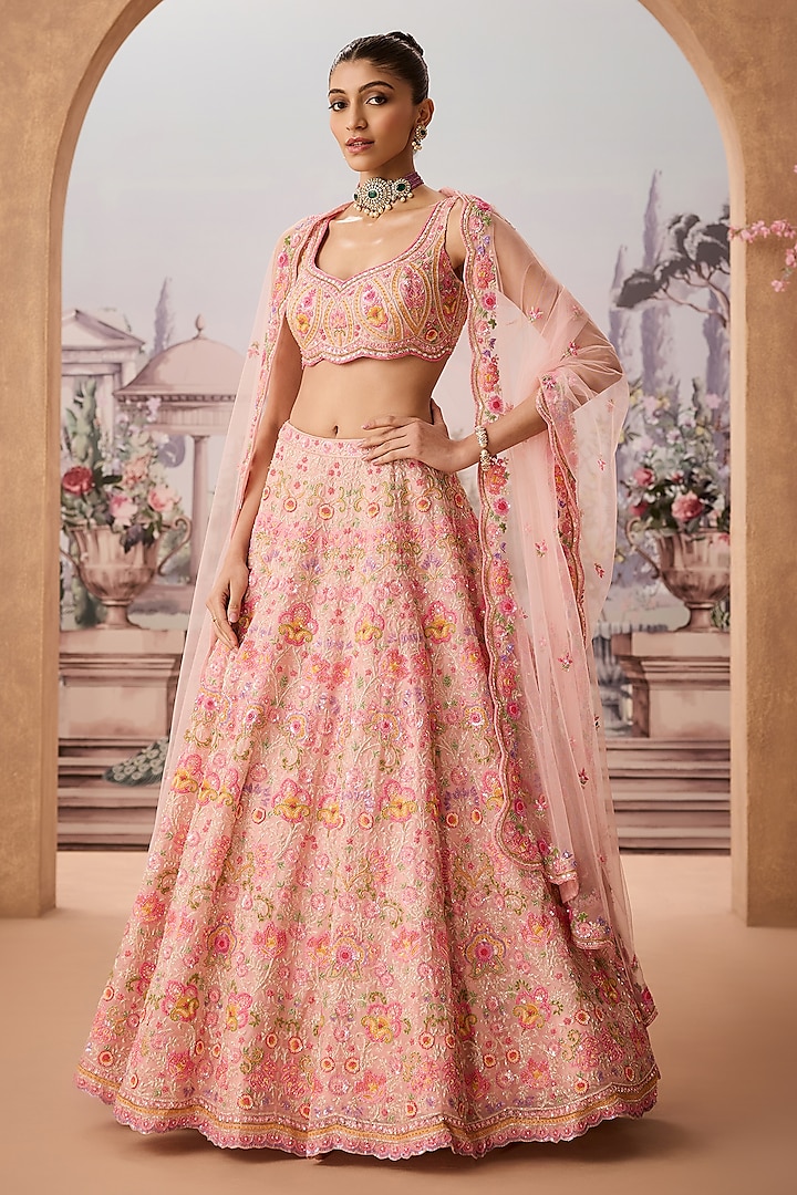 Pink Silk Organza Sequins Hand Embroidered Lehenga Set by Aneesh Agarwaal