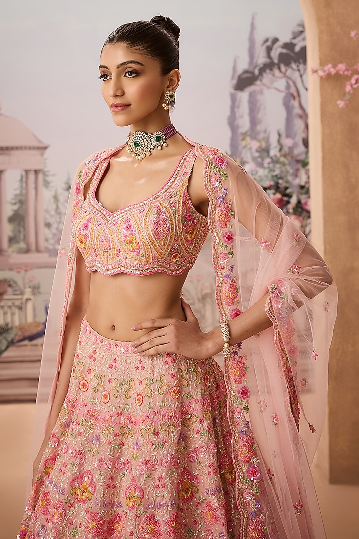 Pink Silk Organza Sequins Hand Embroidered Bridal Lehenga Set by Aneesh Agarwaal at Pernia's Pop Up Shop