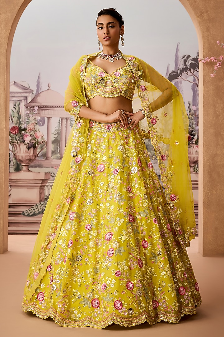 Lime Green Silk Organza 3D Floral Embellished Bridal Lehenga Set by Aneesh Agarwaal at Pernia's Pop Up Shop