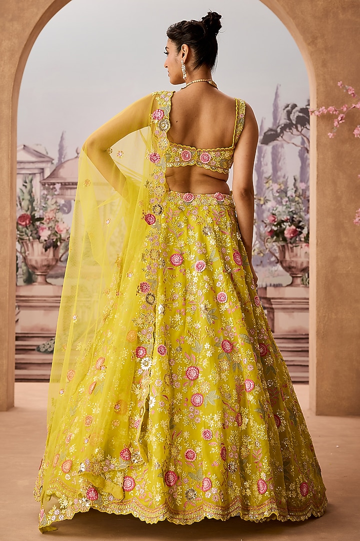 Lime Green Silk Organza 3D Floral Embellished Bridal Lehenga Set by Aneesh Agarwaal at Pernia's Pop Up Shop