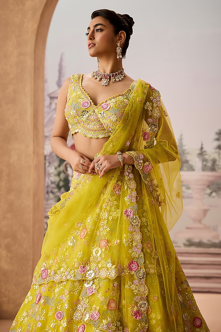Lime Green Silk Organza 3D Floral Embellished Bridal Lehenga Set by Aneesh Agarwaal at Pernia's Pop Up Shop