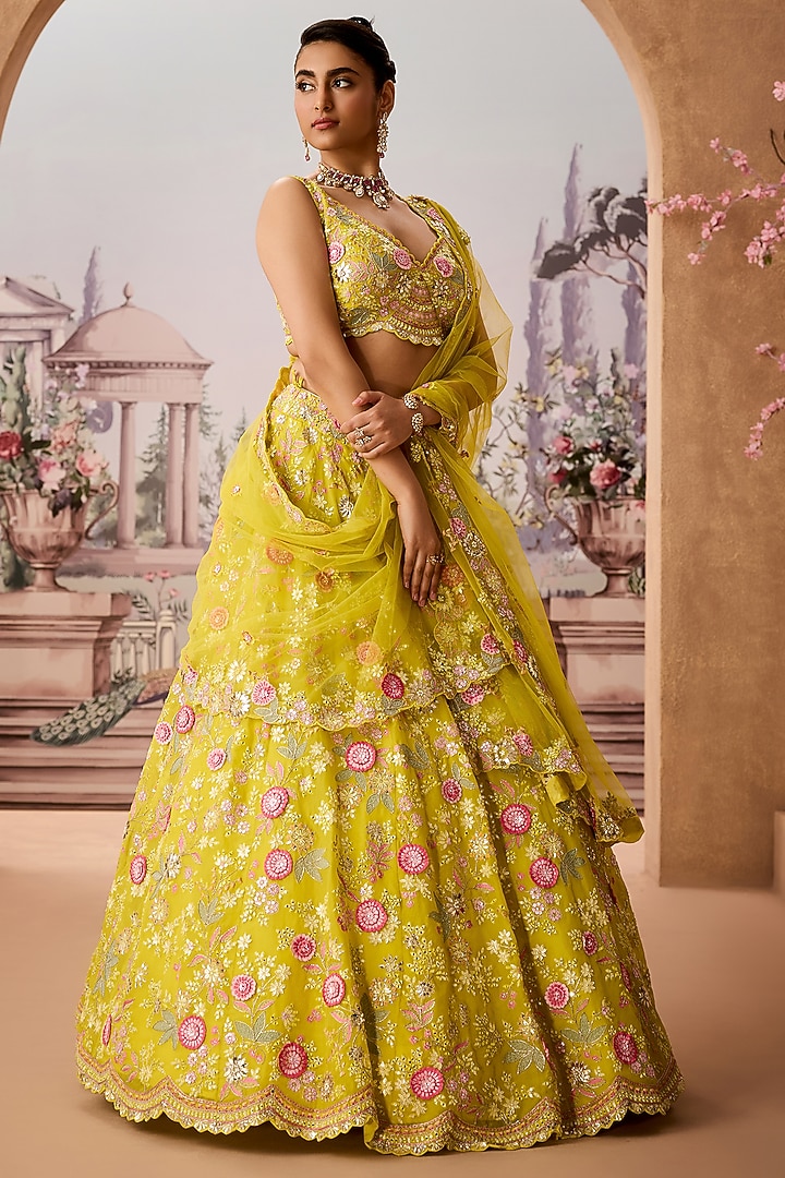 Lime Green Silk Organza 3D Floral Embellished Bridal Lehenga Set by Aneesh Agarwaal at Pernia's Pop Up Shop