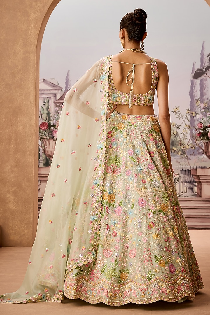 Aqua Green Silk Organza Sequins Hand Embellished Bridal Lehenga Set by Aneesh Agarwaal at Pernia's Pop Up Shop