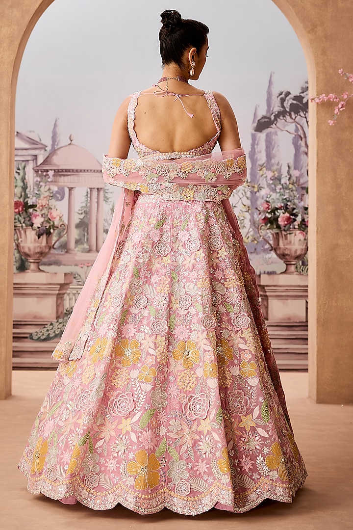 Old Rose Pink Silk Organza Thread Embroidered Bridal Lehenga Set by Aneesh Agarwaal at Pernia's Pop Up Shop