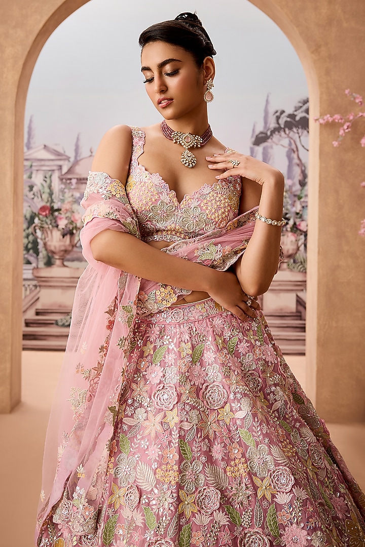 Old Rose Pink Silk Organza Thread Embroidered Bridal Lehenga Set by Aneesh Agarwaal at Pernia's Pop Up Shop