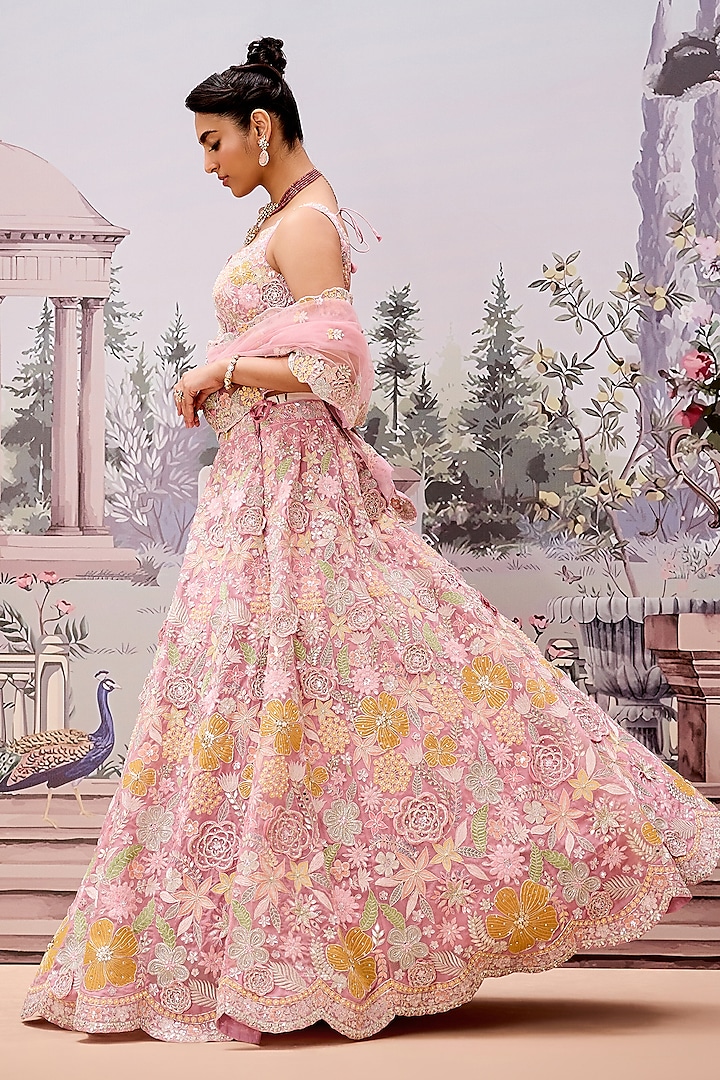 Old Rose Pink Silk Organza Thread Embroidered Bridal Lehenga Set by Aneesh Agarwaal at Pernia's Pop Up Shop