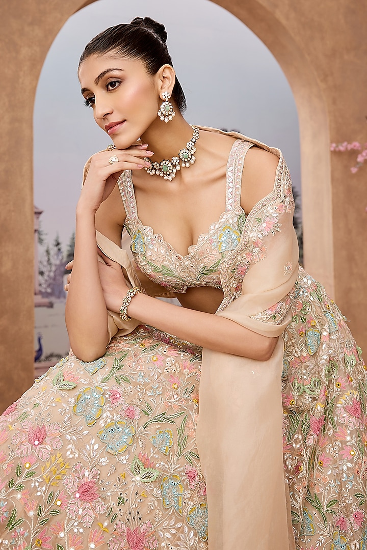 Ivory Silk Organza Sequins & Badla Embroidered Bridal Lehenga Set by Aneesh Agarwaal at Pernia's Pop Up Shop