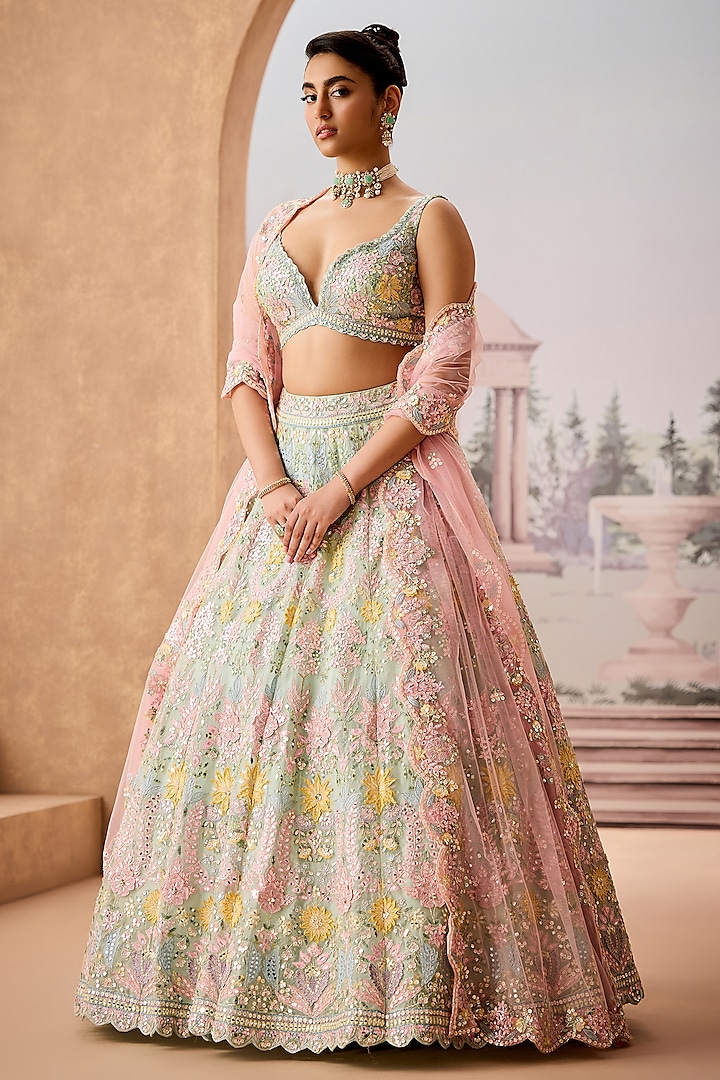 Mint Silk Organza 3D Floral Embroidered Bridal Lehenga Set by Aneesh Agarwaal at Pernia's Pop Up Shop