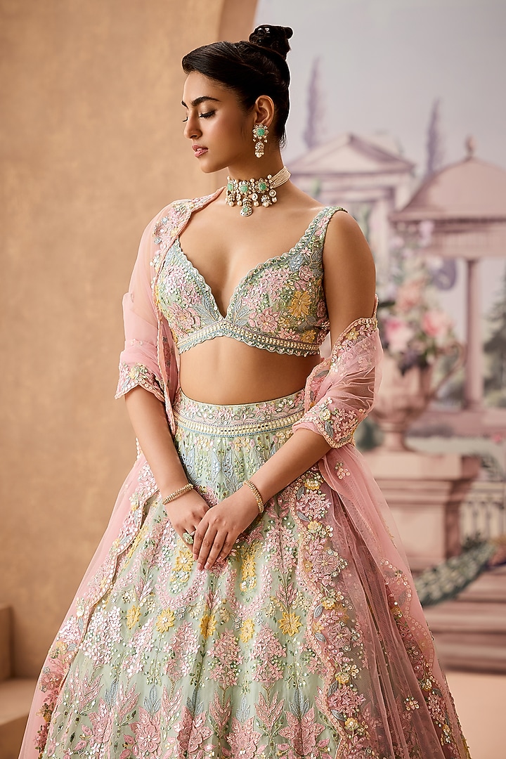 Mint Silk Organza 3D Floral Embroidered Bridal Lehenga Set by Aneesh Agarwaal at Pernia's Pop Up Shop