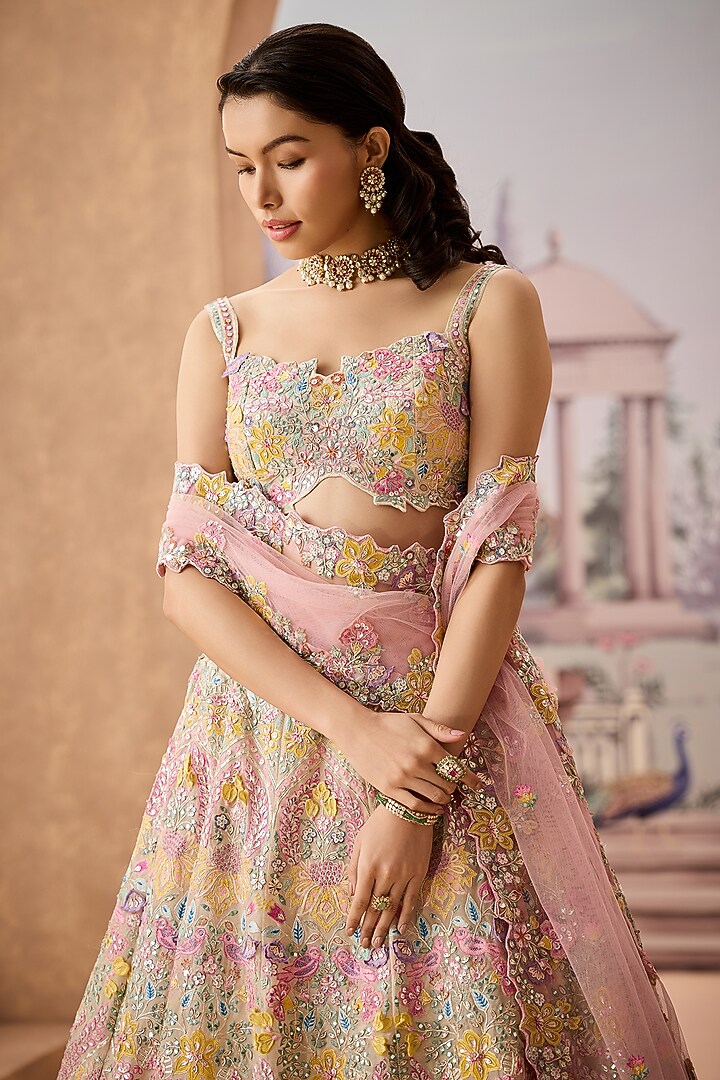 Ivory Silk Organza 3D Floral Embroidered Bridal Lehenga Set by Aneesh Agarwaal at Pernia's Pop Up Shop