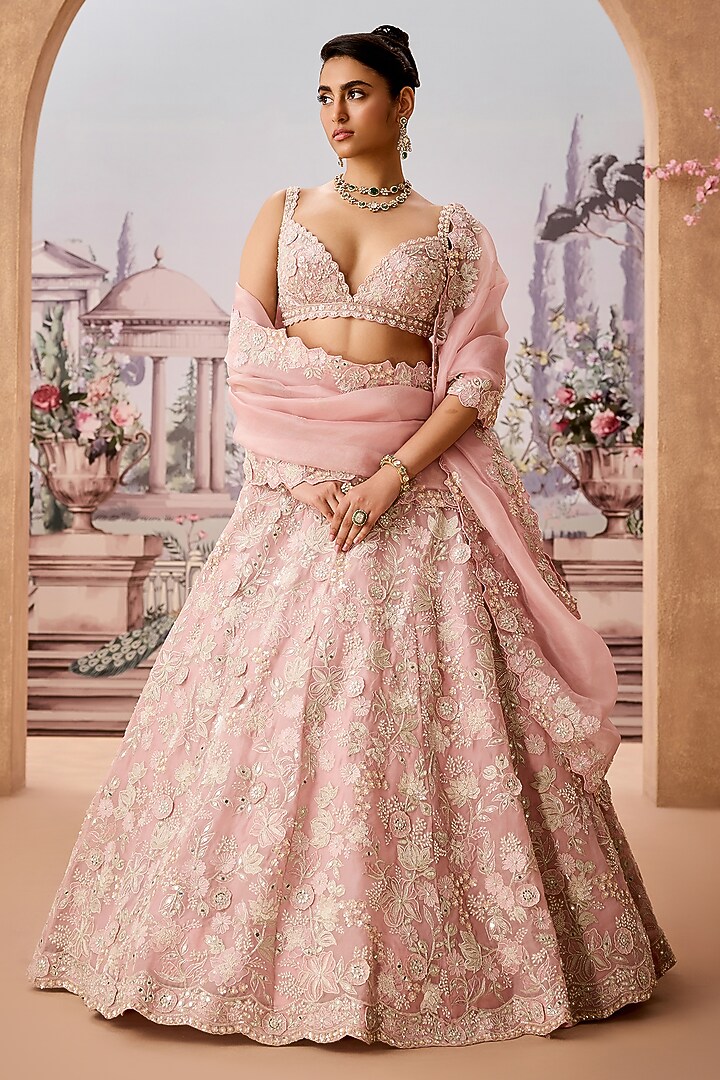 Soft Lilac Silk Organza 3D Floral Embroidered Bridal Lehenga Set by Aneesh Agarwaal at Pernia's Pop Up Shop
