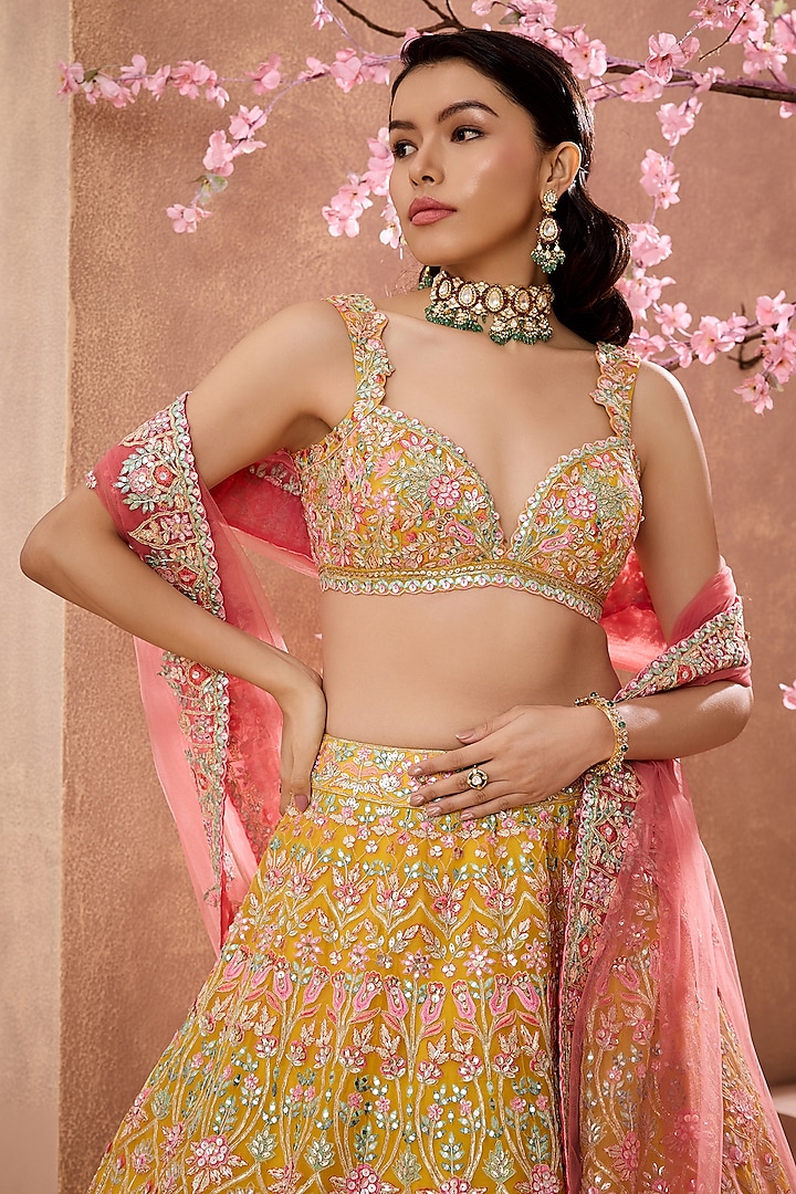 Yellow Silk Organza Resham Embroidered Bridal Lehenga Set by Aneesh Agarwaal at Pernia's Pop Up Shop