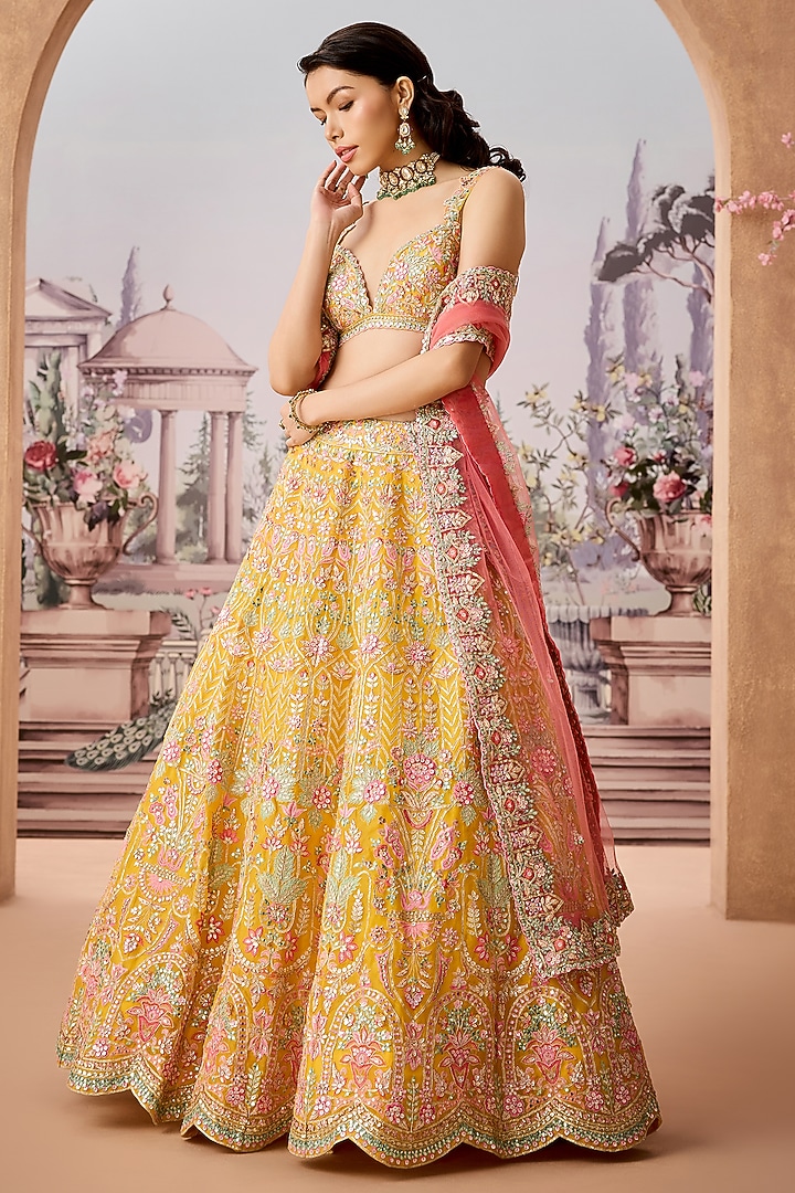Yellow Silk Organza Resham Embroidered Bridal Lehenga Set by Aneesh Agarwaal at Pernia's Pop Up Shop