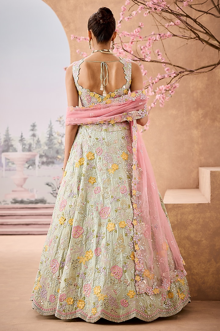 Mint Silk Organza Sequins Embroidered Bridal Lehenga Set by Aneesh Agarwaal at Pernia's Pop Up Shop
