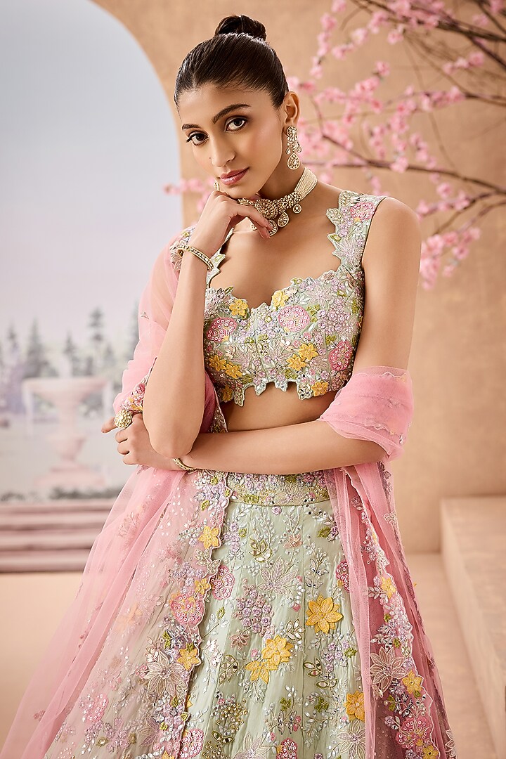Mint Silk Organza Sequins Embroidered Bridal Lehenga Set by Aneesh Agarwaal at Pernia's Pop Up Shop