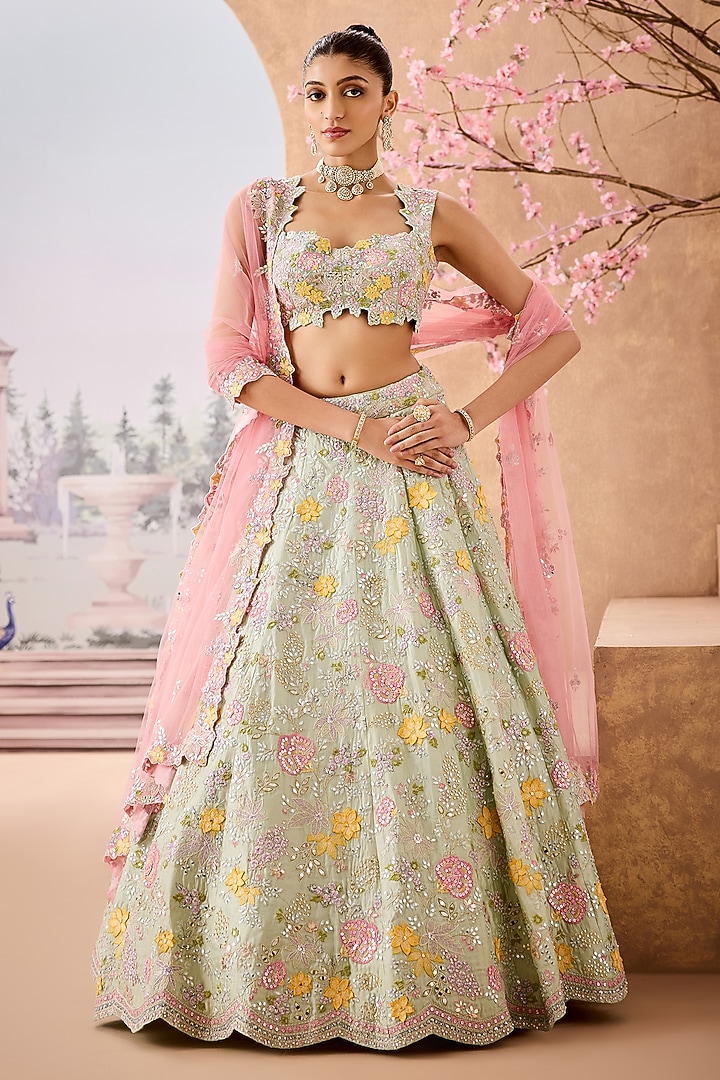 Mint Silk Organza Sequins Embroidered Bridal Lehenga Set by Aneesh Agarwaal at Pernia's Pop Up Shop