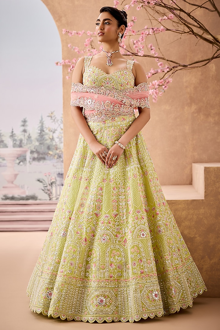 Lime Green Silk Organza Sequins Embroidered Bridal Lehenga Set by Aneesh Agarwaal at Pernia's Pop Up Shop