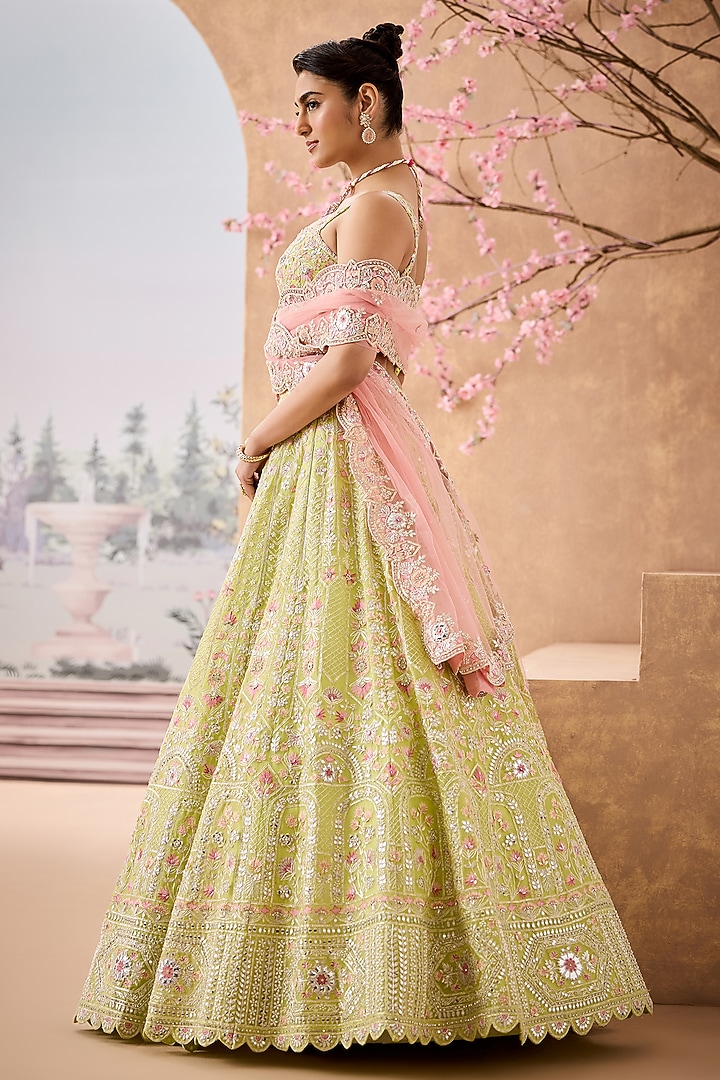 Lime Green Silk Organza Sequins Embroidered Bridal Lehenga Set by Aneesh Agarwaal at Pernia's Pop Up Shop