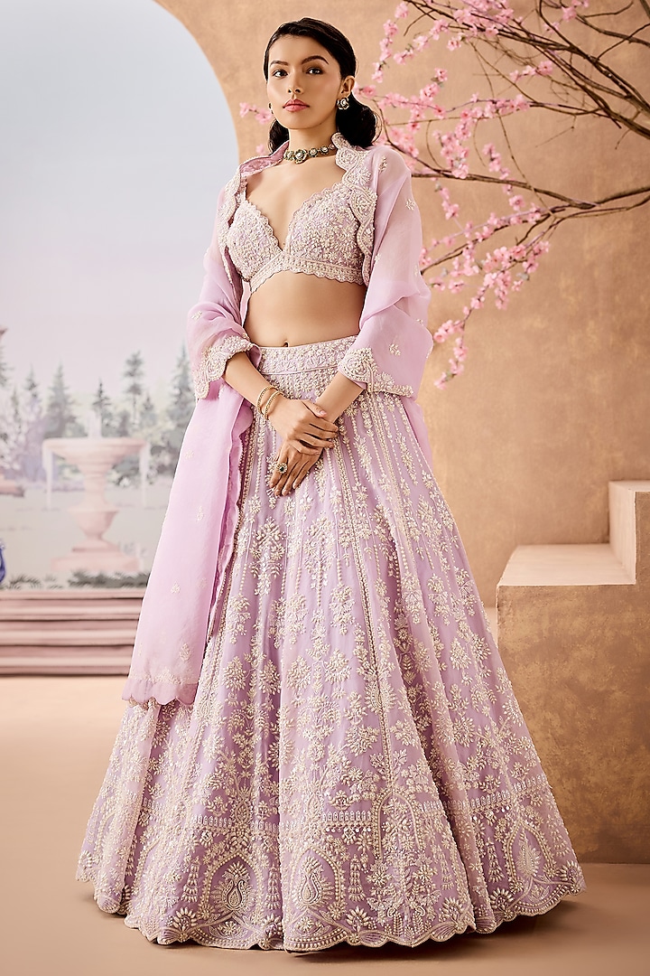 Lavender Silk Organza Beads Hand Embroidered Bridal Lehenga Set by Aneesh Agarwaal at Pernia's Pop Up Shop