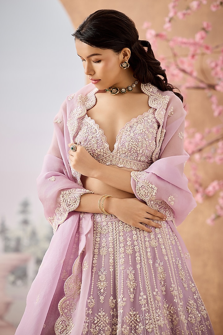Lavender Silk Organza Beads Hand Embroidered Bridal Lehenga Set by Aneesh Agarwaal at Pernia's Pop Up Shop