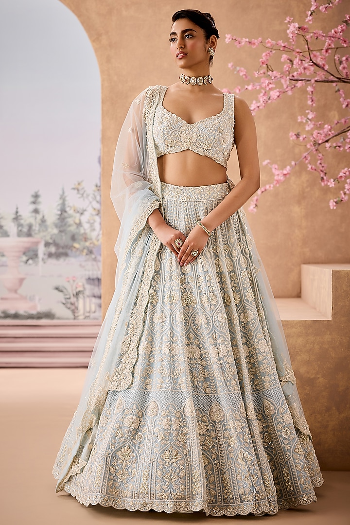 Sky Blue Silk Organza Sequins Embroidered Bridal Lehenga Set by Aneesh Agarwaal at Pernia's Pop Up Shop