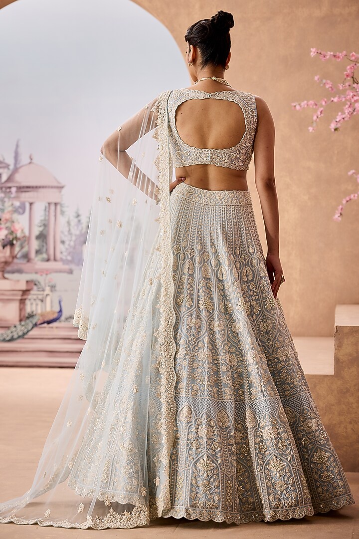 Sky Blue Silk Organza Sequins Embroidered Bridal Lehenga Set by Aneesh Agarwaal at Pernia's Pop Up Shop