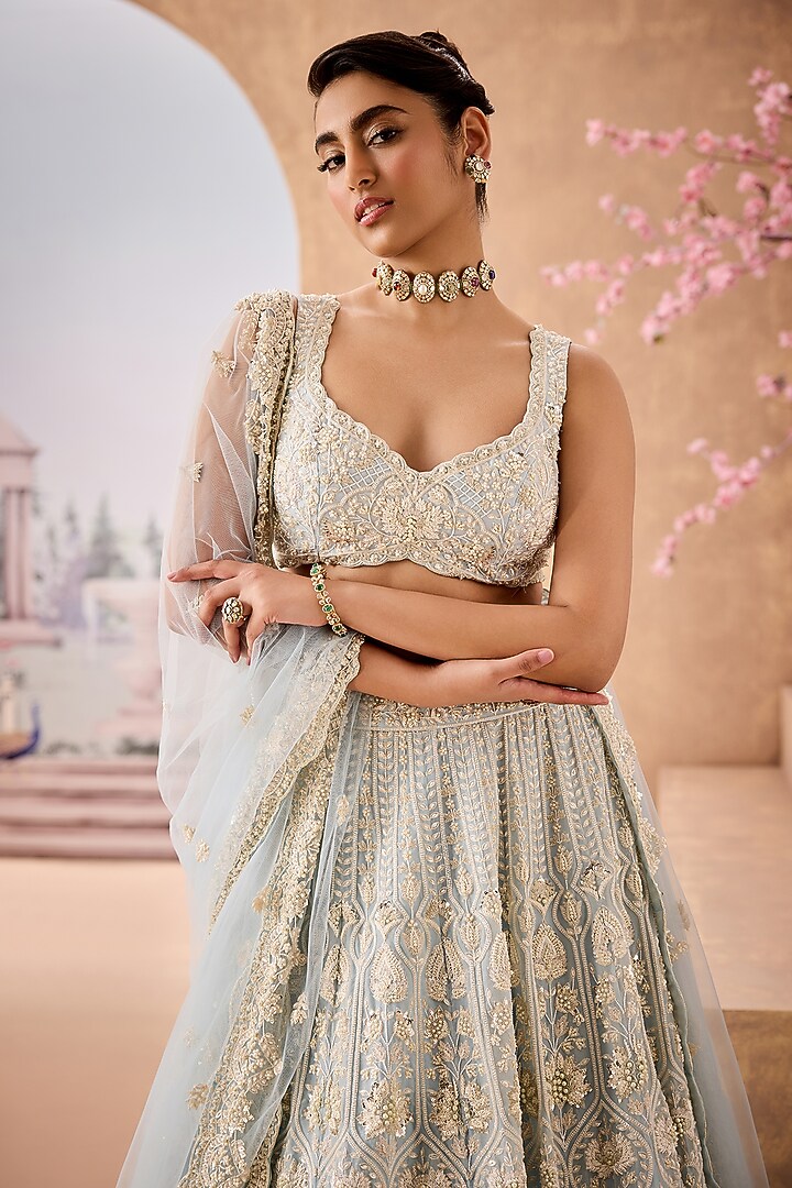 Sky Blue Silk Organza Sequins Embroidered Bridal Lehenga Set by Aneesh Agarwaal at Pernia's Pop Up Shop