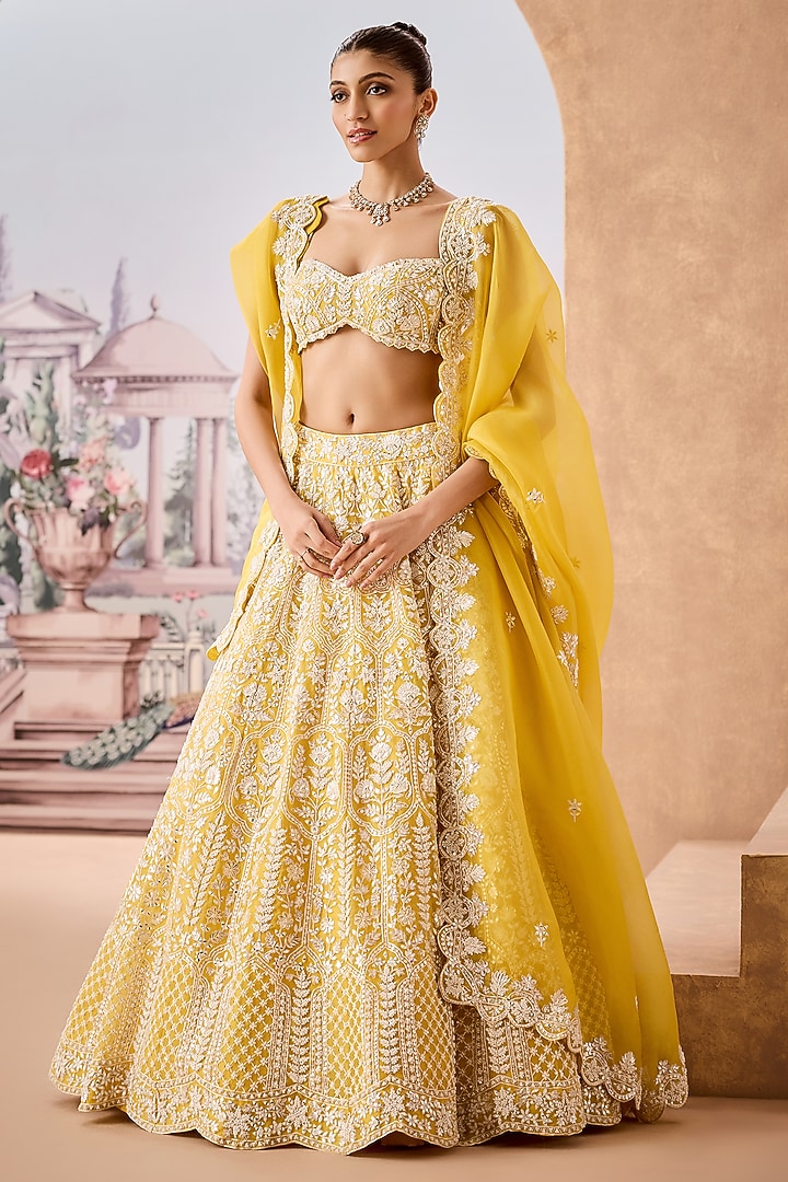 Yellow Silk Organza Pearl Embroidered Bridal Lehenga Set by Aneesh Agarwaal at Pernia's Pop Up Shop
