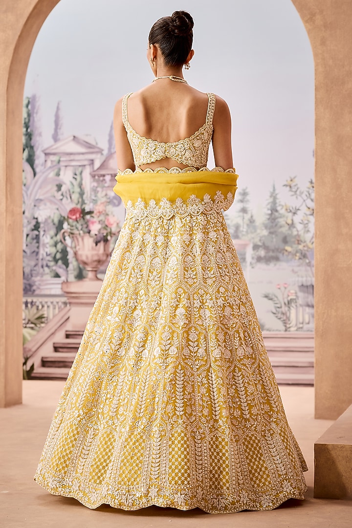 Yellow Silk Organza Pearl Embroidered Bridal Lehenga Set by Aneesh Agarwaal at Pernia's Pop Up Shop