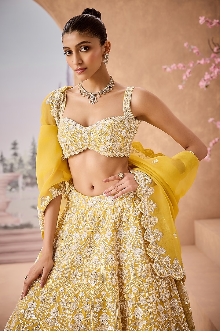Yellow Silk Organza Pearl Embroidered Bridal Lehenga Set by Aneesh Agarwaal at Pernia's Pop Up Shop