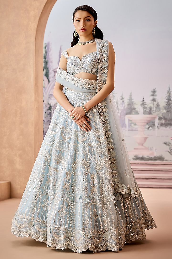 Sky Blue Silk Organza Sequins Hand Embroidered Bridal Lehenga Set by Aneesh Agarwaal at Pernia's Pop Up Shop