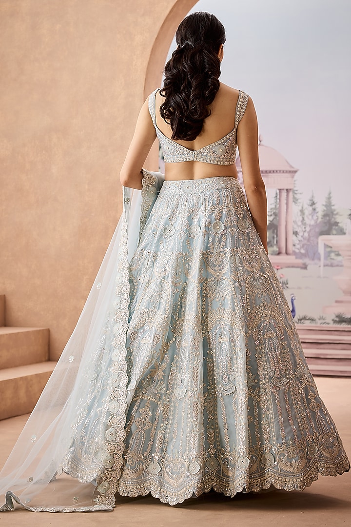 Sky Blue Silk Organza Sequins Hand Embroidered Bridal Lehenga Set by Aneesh Agarwaal at Pernia's Pop Up Shop