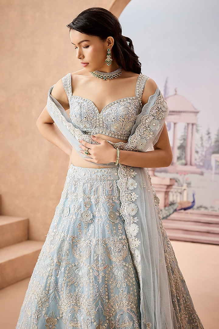 Sky Blue Silk Organza Sequins Hand Embroidered Bridal Lehenga Set by Aneesh Agarwaal at Pernia's Pop Up Shop