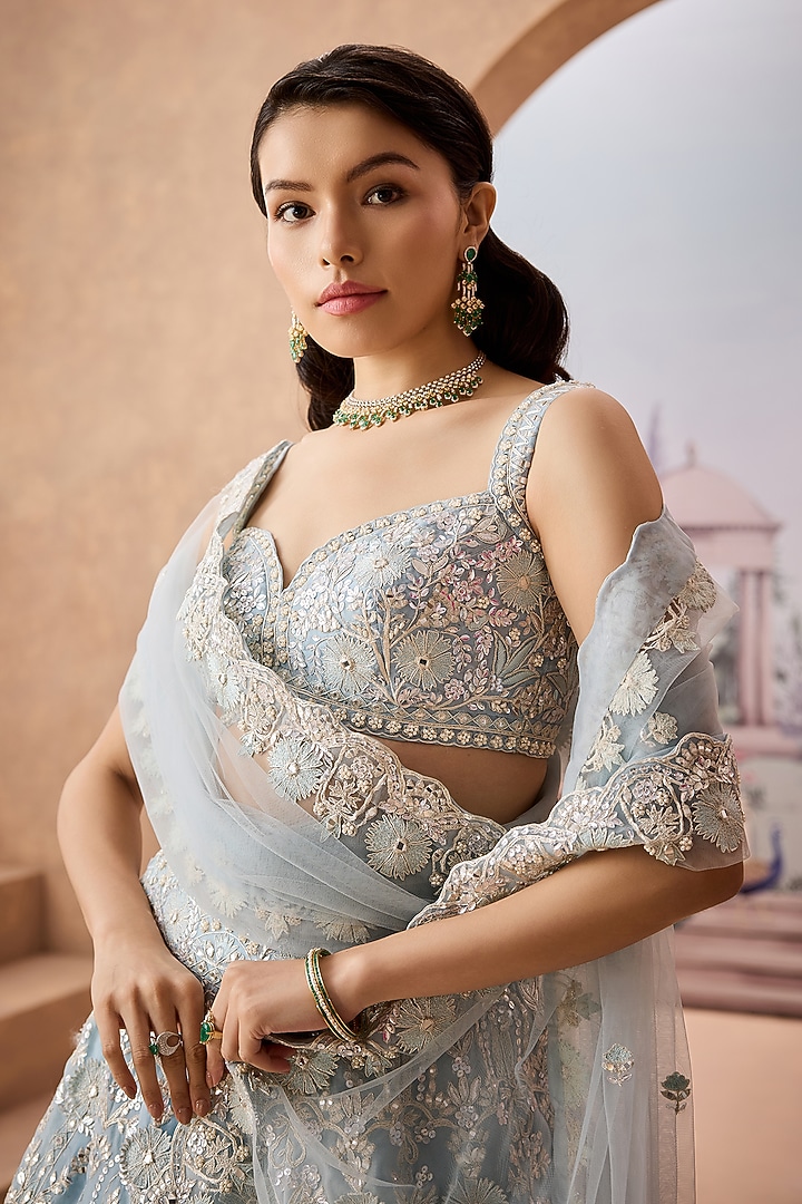 Sky Blue Silk Organza Sequins Hand Embroidered Bridal Lehenga Set by Aneesh Agarwaal at Pernia's Pop Up Shop