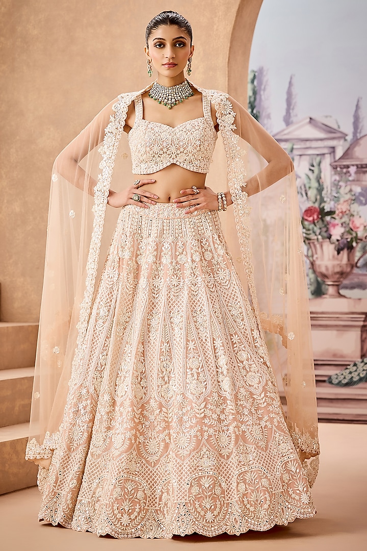 Nude Silk Organza Sequins Embroidered Bridal Lehenga Set by Aneesh Agarwaal at Pernia's Pop Up Shop