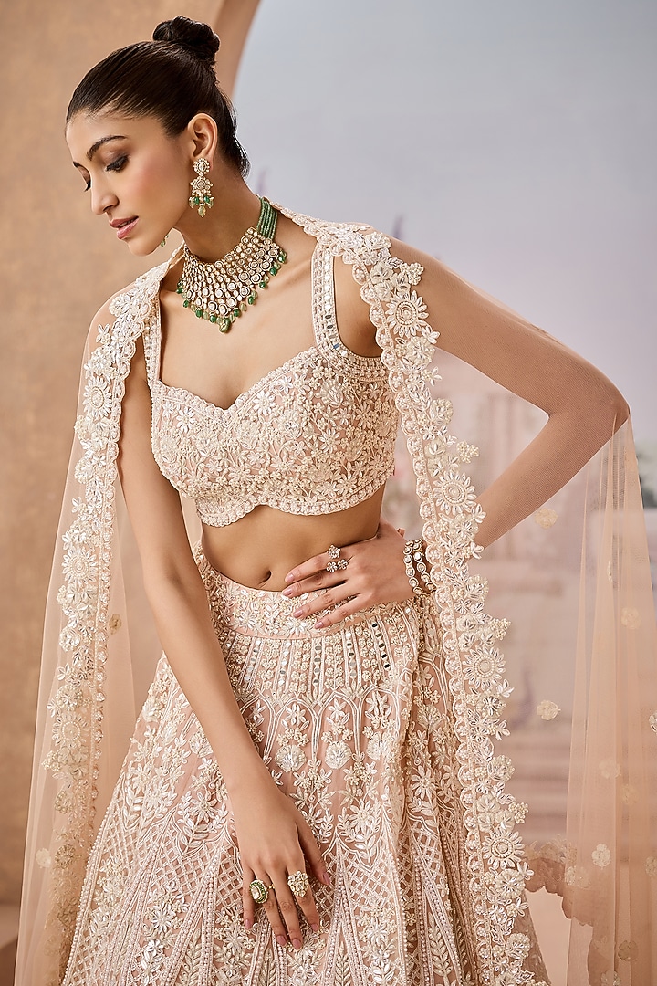 Nude Silk Organza Sequins Embroidered Bridal Lehenga Set by Aneesh Agarwaal at Pernia's Pop Up Shop