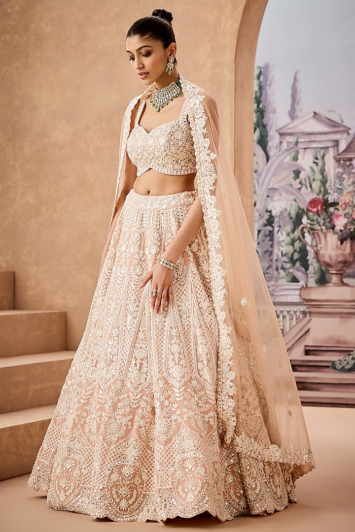 Nude Silk Organza Sequins Embroidered Bridal Lehenga Set by Aneesh Agarwaal at Pernia's Pop Up Shop