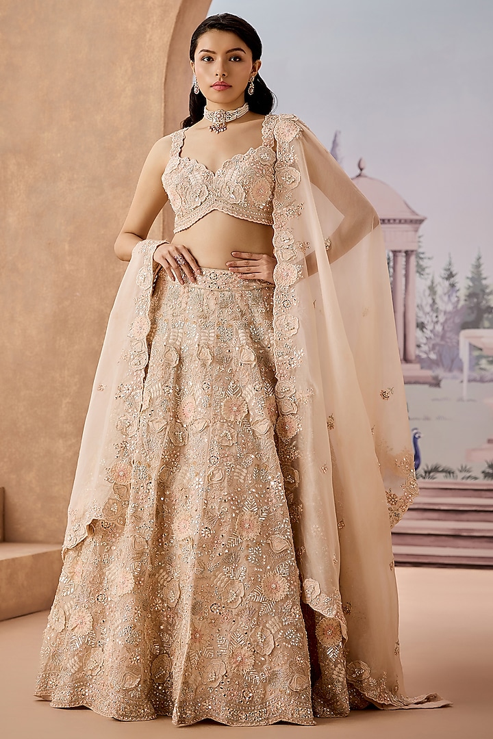 Peach Silk Organza Crystal Stone Embroidered Bridal Lehenga Set by Aneesh Agarwaal at Pernia's Pop Up Shop