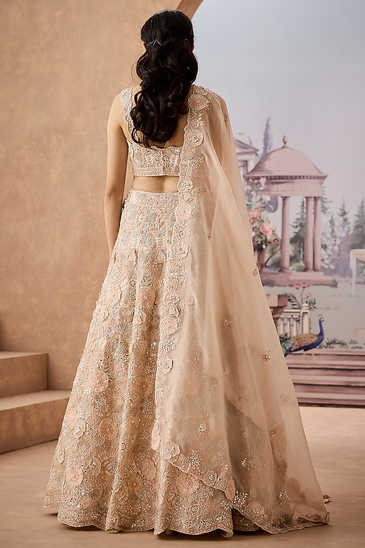 Peach Silk Organza Crystal Stone Embroidered Bridal Lehenga Set by Aneesh Agarwaal at Pernia's Pop Up Shop
